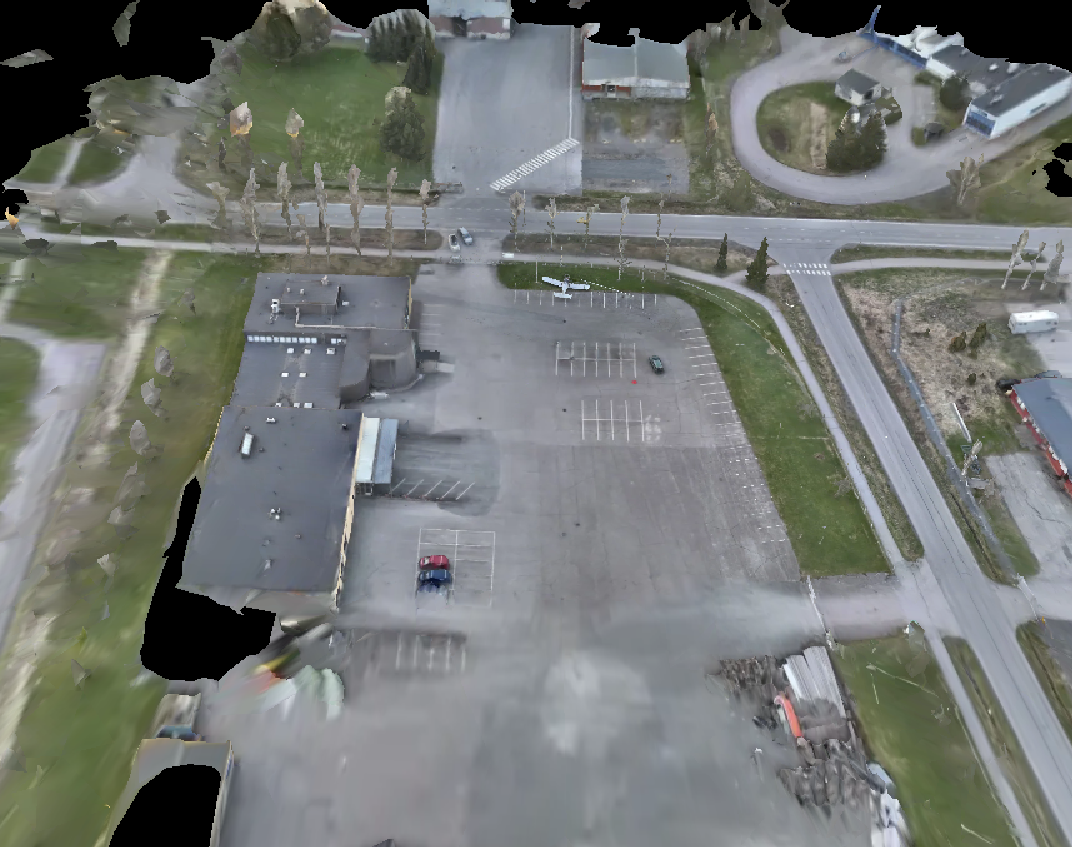 3D-mallinnos. etualalla parkkipaikka ja pakkolaskun tehnyt lentokone. Ympärillä matalia teollisuusrakennuksia ja autoteitä.
