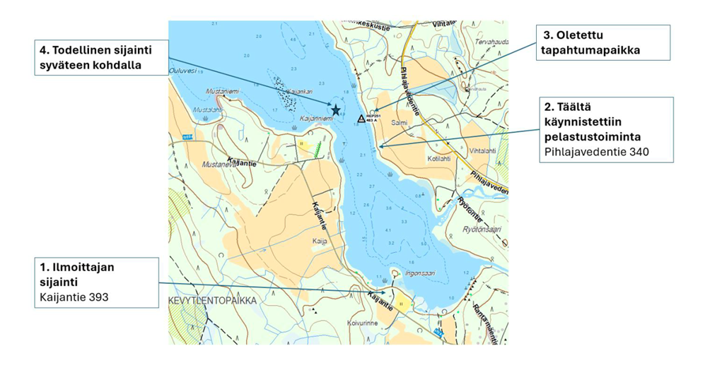 Tapahtumapaikan kartaa, johon on merkitty ilmoittajan, pelastustoimen ja uhrien sijainnit.
